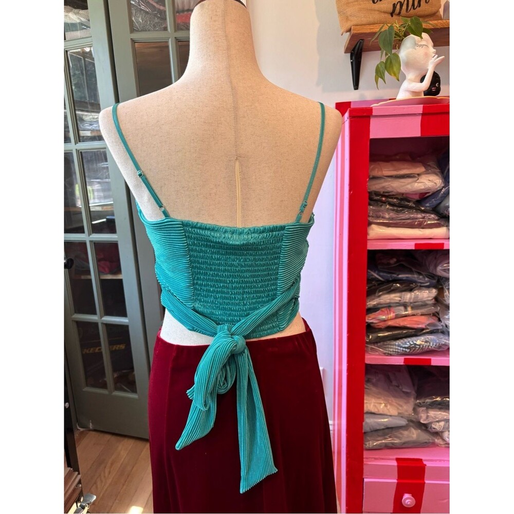 Ro & De Teal Pleated Satin Tie Back Crop Top Size Small Y2K Party Cami